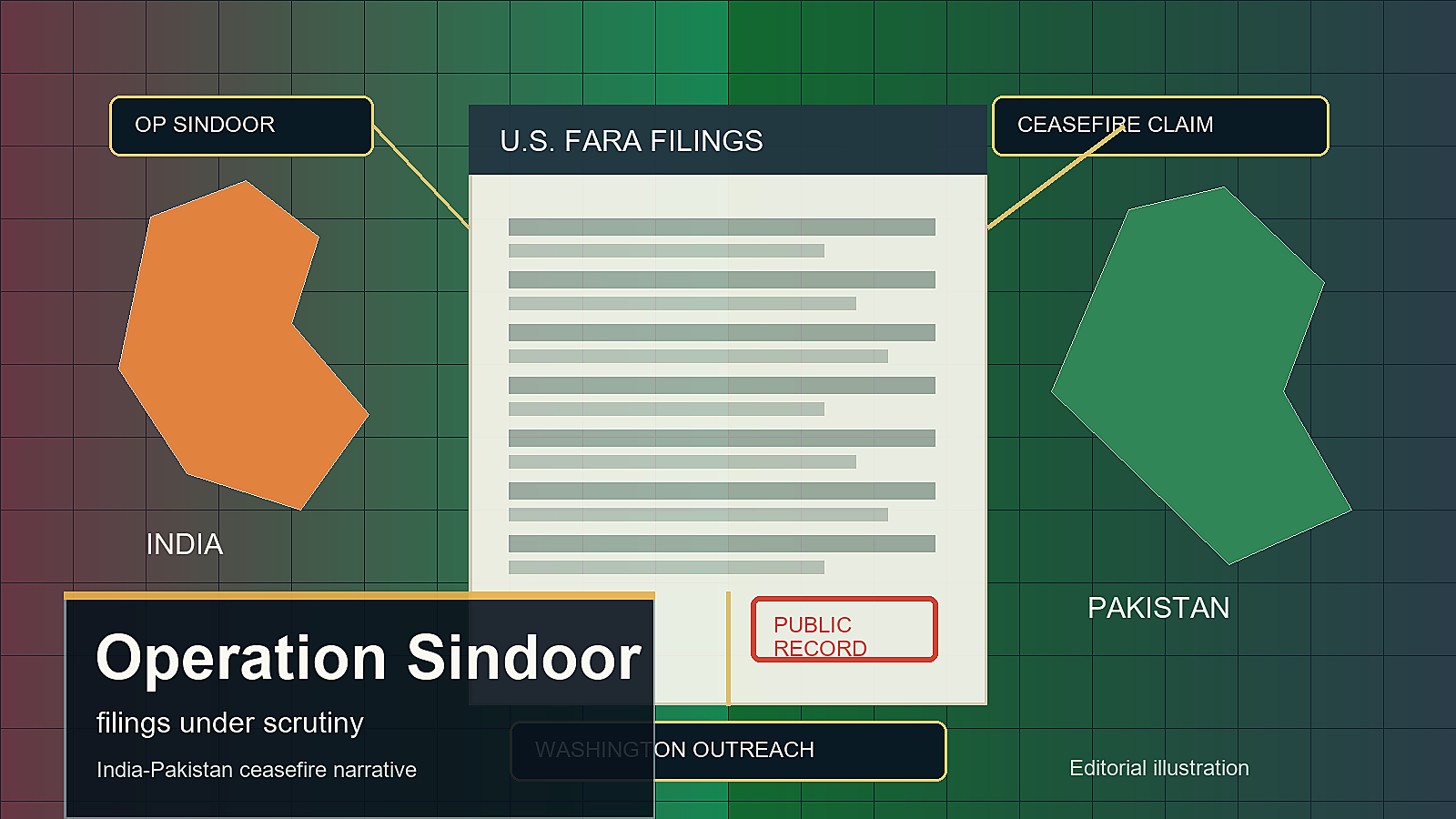 News-style editorial graphic showing U.S. filing papers between India and Pakistan maps with Operation Sindoor labels