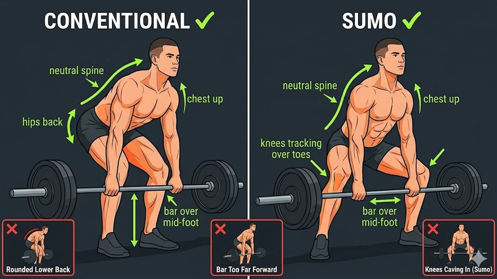 Form guide comparing conventional and sumo deadlift cues
