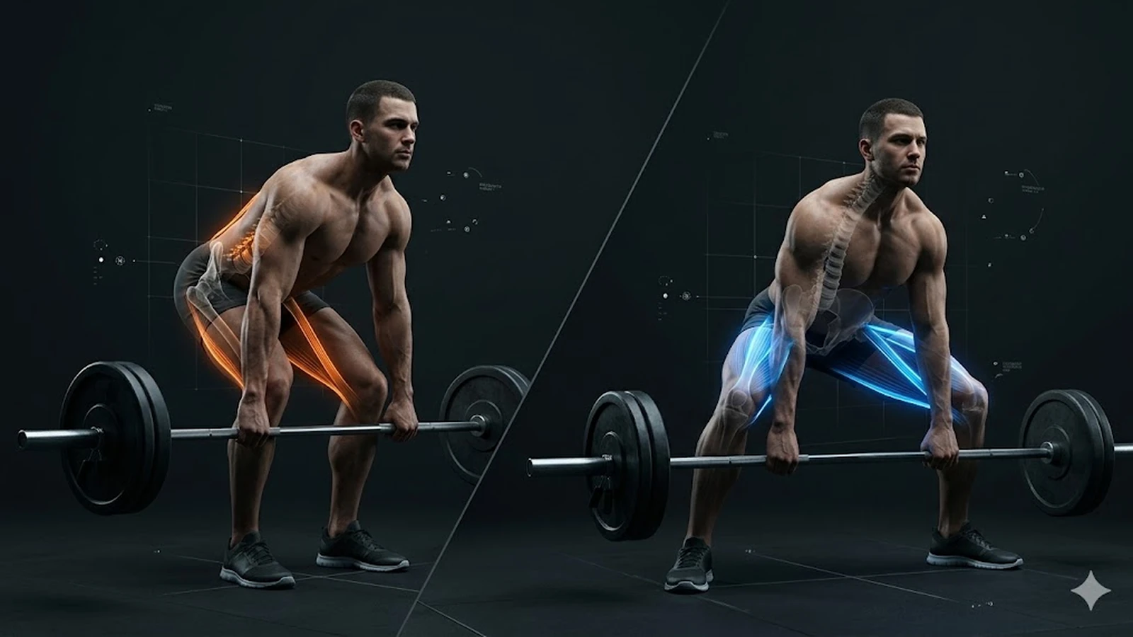 Conventional and sumo deadlift comparison showing muscle loading
