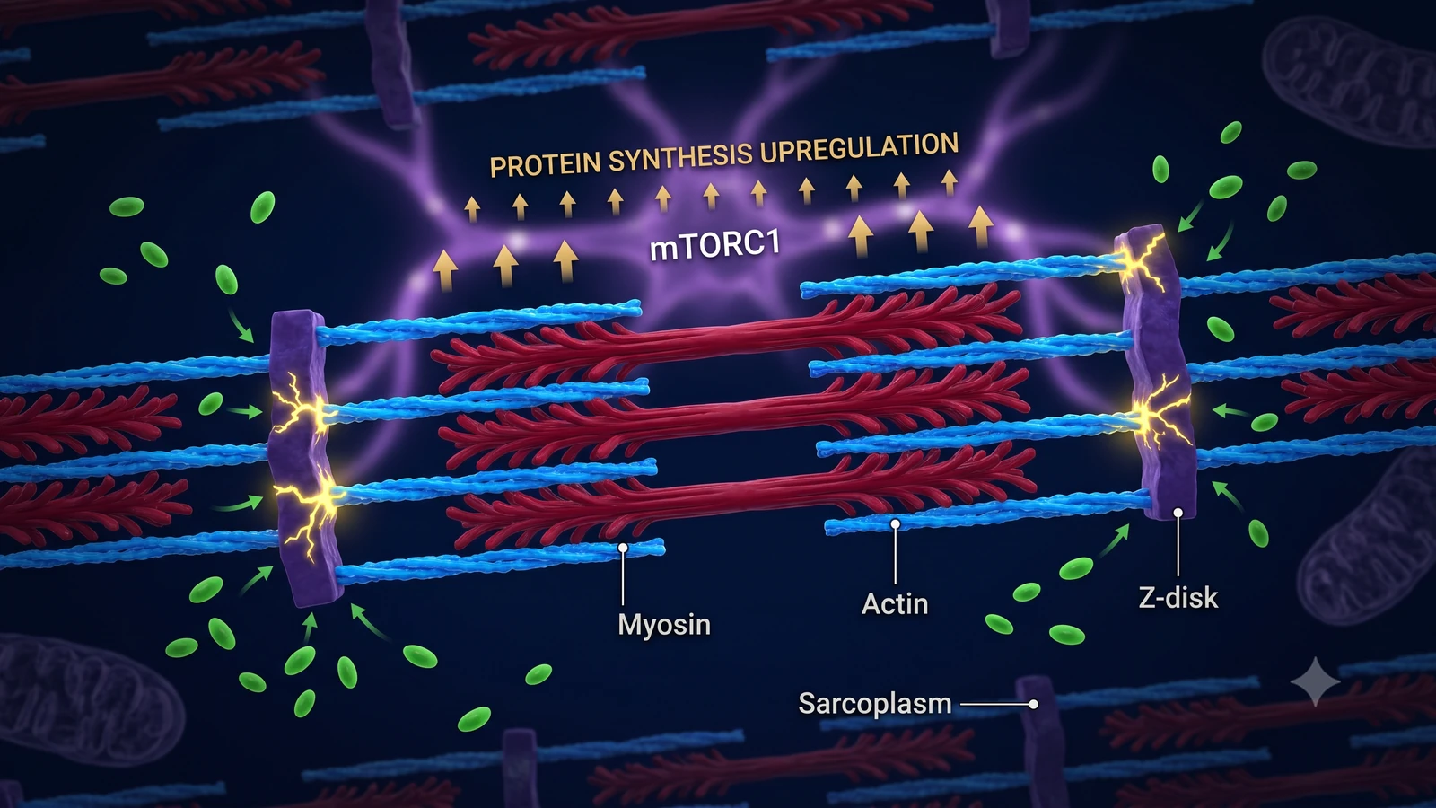 Microscopic sarcomere illustration showing eccentric muscle damage and repair signaling