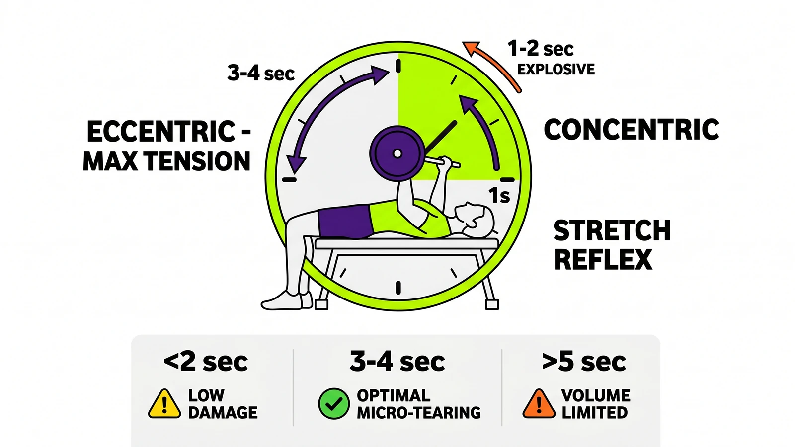 Infographic showing a 3-4 second eccentric bench press tempo with pause and concentric phase