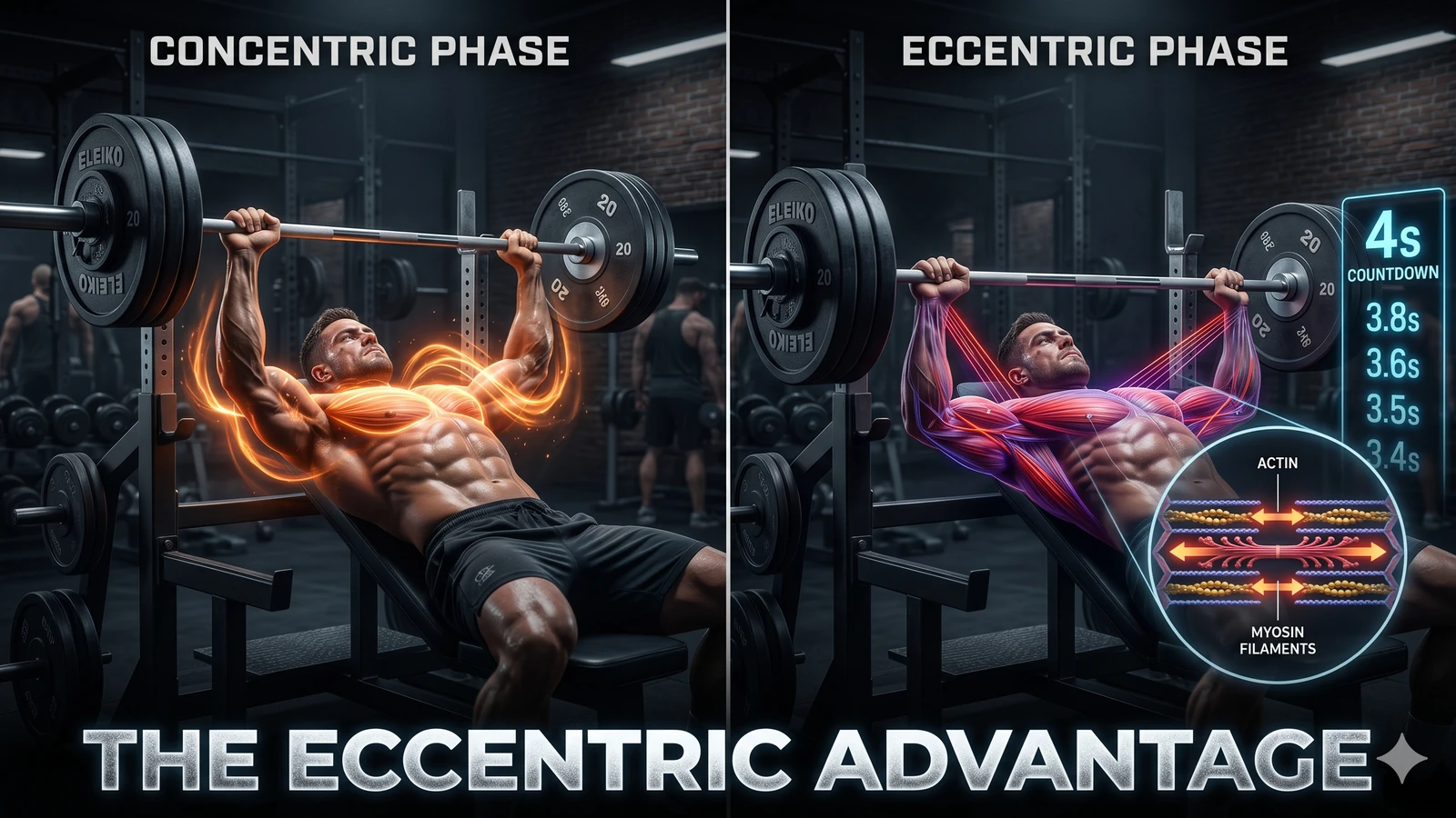 Split-screen bench press illustration comparing concentric and slow eccentric muscle tension