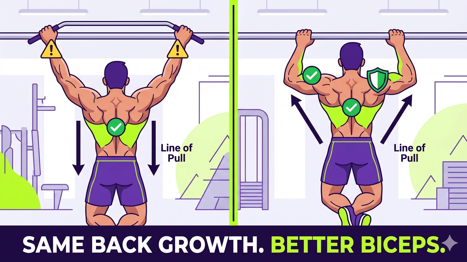 Split-screen practical form guide for pronated and supinated pull-up grips