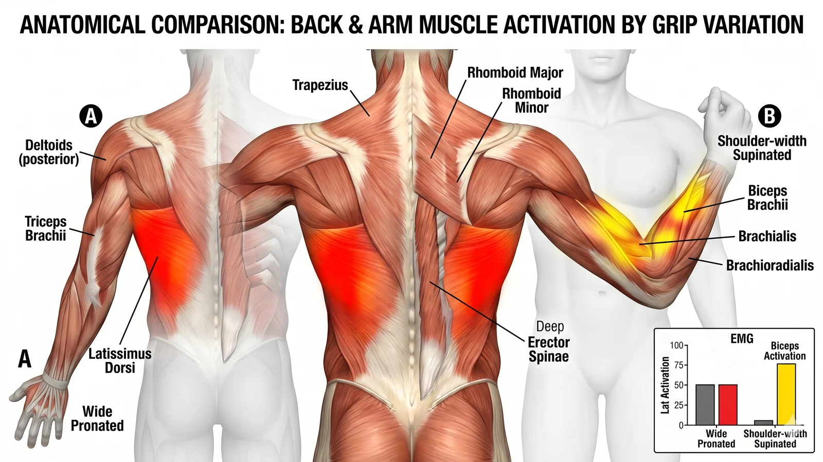 Anatomical muscle activation diagram comparing pronated and supinated pulling grips