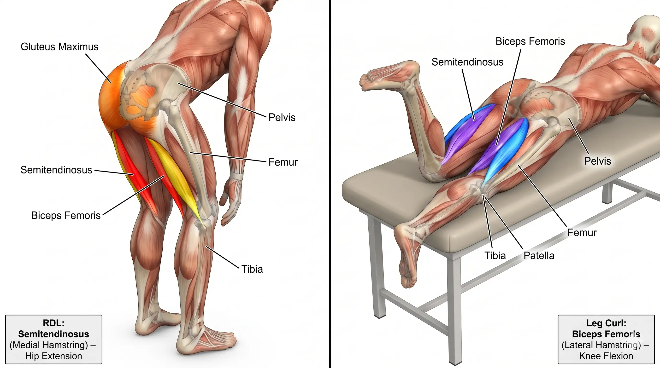 Anatomy comparison of Romanian Deadlift and Leg Curl hamstring activation