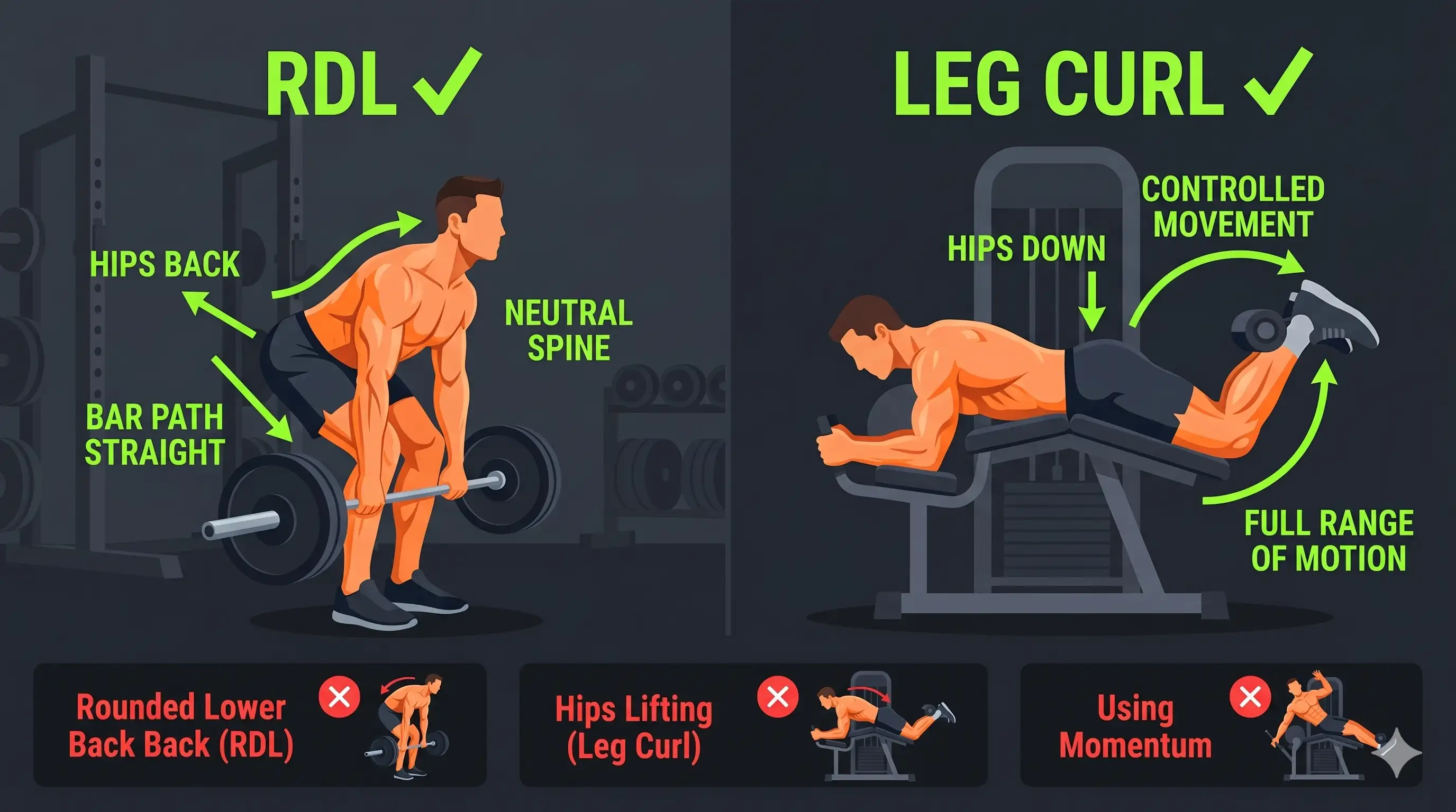 Form guide for Romanian Deadlift and Leg Curl exercises