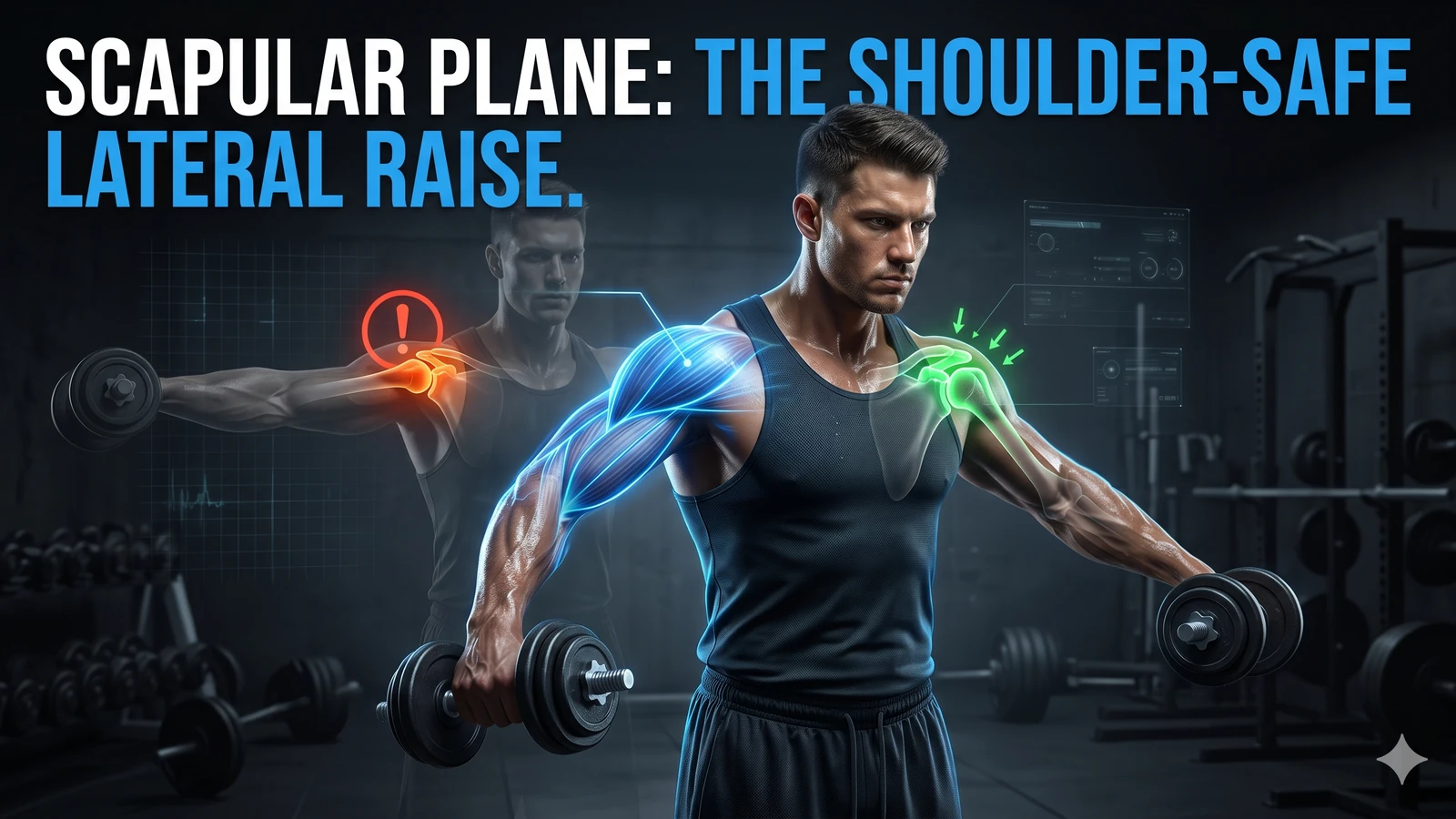 Scapular plane lateral raise shoulder training visual showing safer arm angle