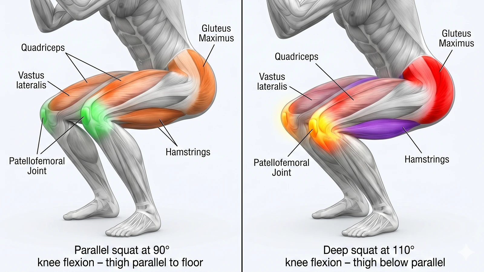 Anatomical comparison of parallel and deep squat muscle and knee loading