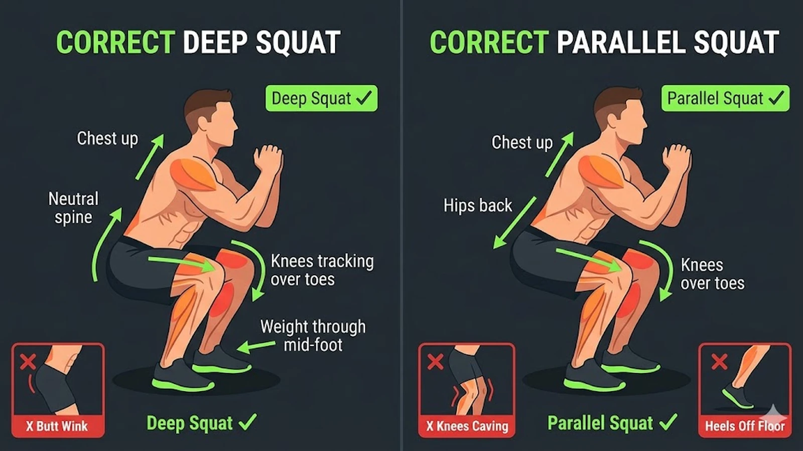 Form guide comparing parallel and deep squat cues