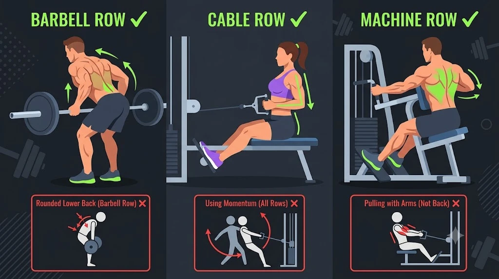 Correct and incorrect rowing form for barbell row, cable row and machine row