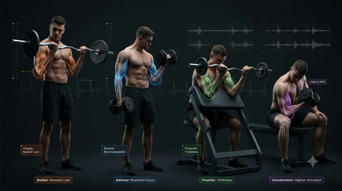 Biceps Curl Variations: Barbell, Dumbbell, Hammer and Preacher Curl Compared