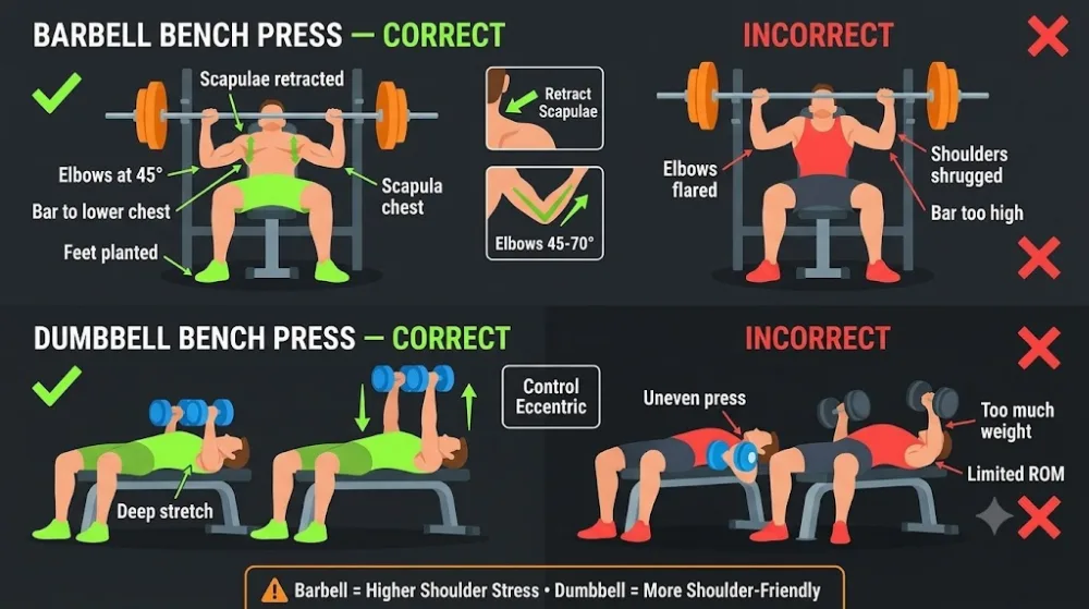 Correct barbell and dumbbell bench press form comparison