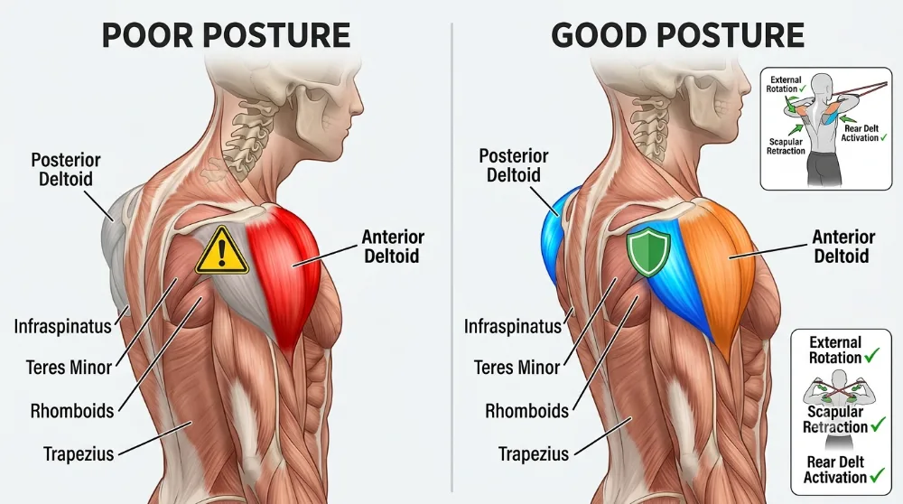 Rear shoulder and upper back muscle anatomy involved in face pulls and rear delt training