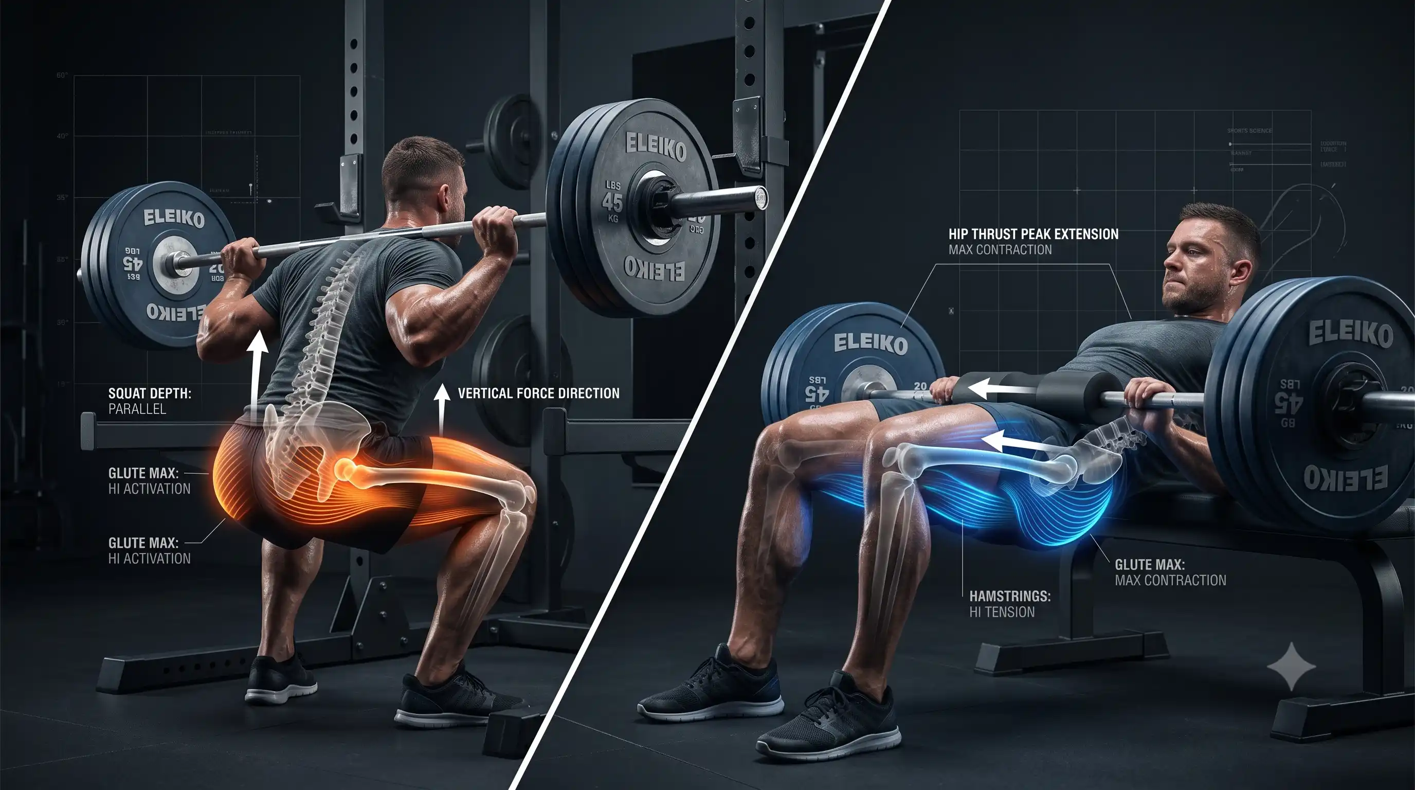 Anatomy comparison of Hip Thrust and Squat for glute activation