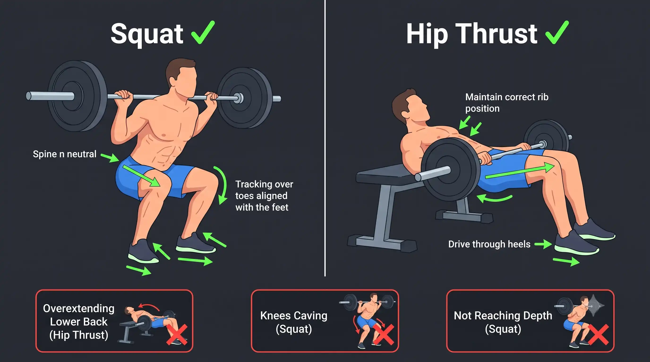 Form guide for Hip Thrust and Squat exercises
