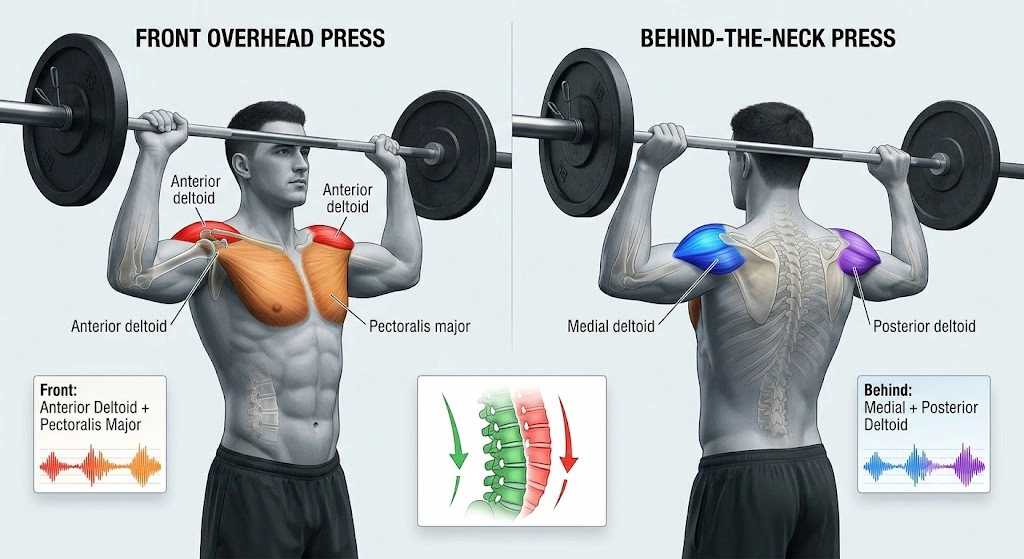 Anatomy of overhead press showing shoulder and core muscle activation