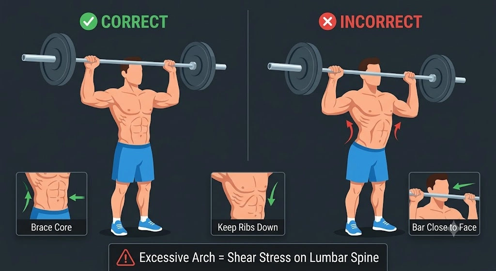 Proper form guide for overhead press showing neutral spine and bar path