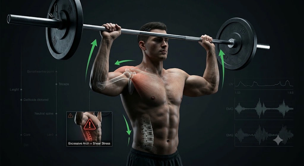 Overhead press exercise guide showing proper form and shoulder activation